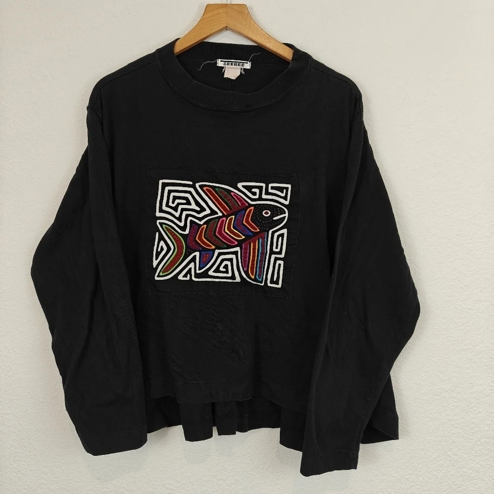 Vintage Mola Art Quilted Embroidered Long Sleeve Shirt Fish Print Size LG - Picture 1 of 11